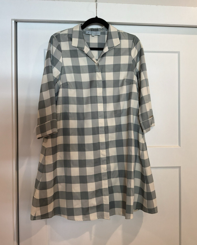 Tuckernuck Grayish Green/White Gingham Collared 3/4 Sleeve Shirt Dress Women’s S