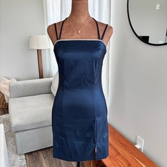 90s Vintage City Triangles Shimmer Satin Blue Dress Rhinestone Neckline Size 5