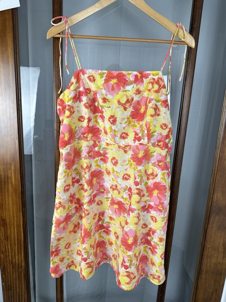 Old Navy Mini Dress XL Yellow Pink Floral Spaghetti Straps Linen Blend Pockets