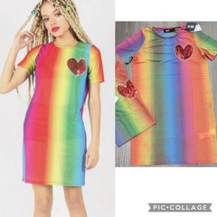 NEW! Iron Fist Somewhere Rainbow Sheer Mesh Mini Dress Sequin Heart LARGE Pride