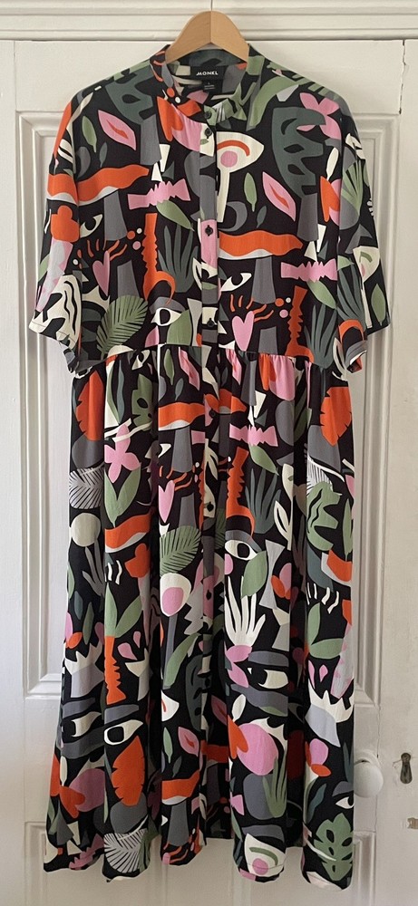 Monki Womens Multi Abstract Print 1/2-Sleeve Relaxed-Fit Long Dress L UK 16-18