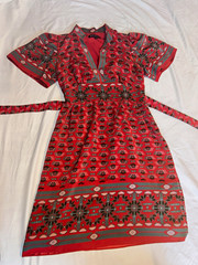 Betsey Johnson Red Geometric Silk A-Line Dress 2 V-Neck Tie Belt Short Sleeve