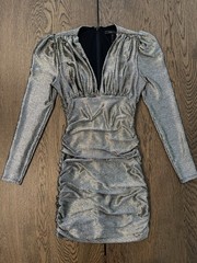 BCBGMAXAZRIA Metallic Gold Ruched Mini Dress Long Sleeve Plunge Neck Size XS