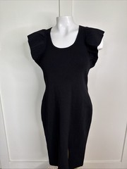 Express Petite Black Sz XS Knit Sheath Dress Ruffle Sleeves Slit Polyester Blend