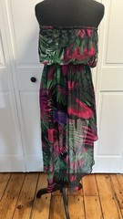 Strapless Tropical Print Dress High Low Vibrant Fuscia Pink & Green Palm Print