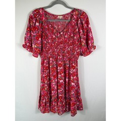 JODIFL Pink & Red Floral Smocked Dress. Flowy. Elastic Bust. Womens Size M