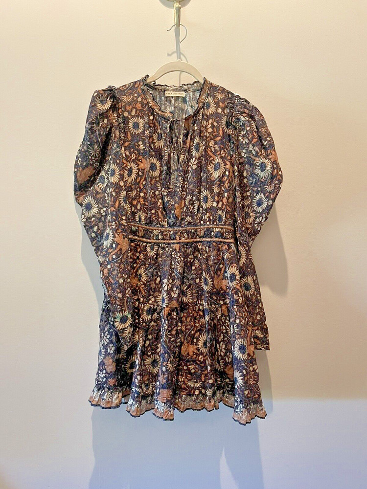 Ulla Johnson Willow Obsidian Floral Print Mini Dress Long Puffy Sleeves SMALL