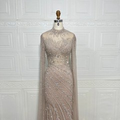 Luxury Beaded Mermaid Evening Gown Tulle Sheer Ruched Long Sleeved Ball Dress