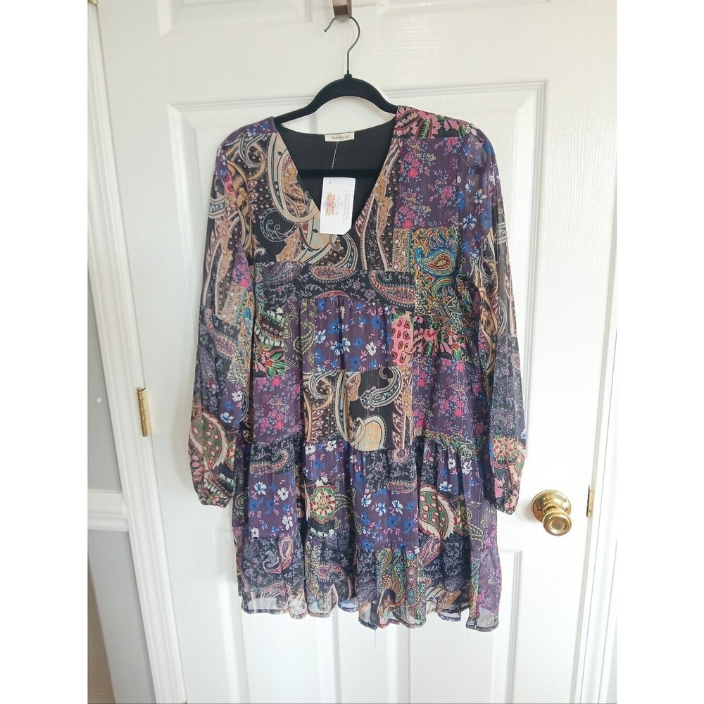 SundayUp Multicolor Paisley Patchwork V-Neck Dress Boho Fairy Cottage Whimsigoth