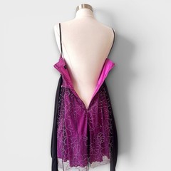 VTG Prom Party Mini Dress 7 Magenta Pink Black Mesh Glitter Floral Babydoll Y2K