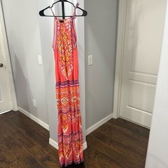 HALE BOB CABANA MAXI DRESS Orange Pink Print Bohemian Hippie Vacation Sz Medium•