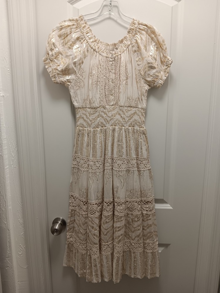 Me 2 Magic Sz. S Midi Dress Ivory/Gold Metallic Floral Smocked Waist, Tiered