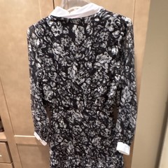 Black White Floral Collared Mini Dress Button Ruffle Long Sleeve Sz S 70’F/21C
