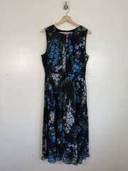 Hobbs Carly Dress Size 14 Navy Floral Sleeveless Midi Occasion Wedding Gathered