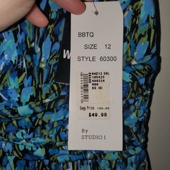 Studio I Blue Green Black Abstract V-Neck A-Line Short Sleeve Knee Dress 12
