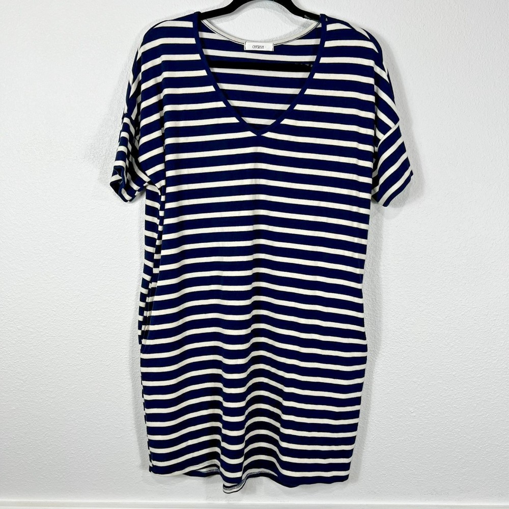 Cherish Shift Dress Navy Striped Pockets V-Neck Stretch USA Women&rsquo;s Small