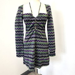 ZARA Mini Dress Metallic Green Purple Chevron Striped Cutout Size Small