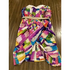 Ali Ro abstract watercolor strapless drape silk mini cocktail party dress size 4
