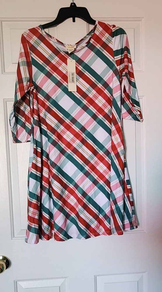 Yelets Womens Medium Red White & Green Pocket Dress W/ 3/4 Length Sleeves NWT