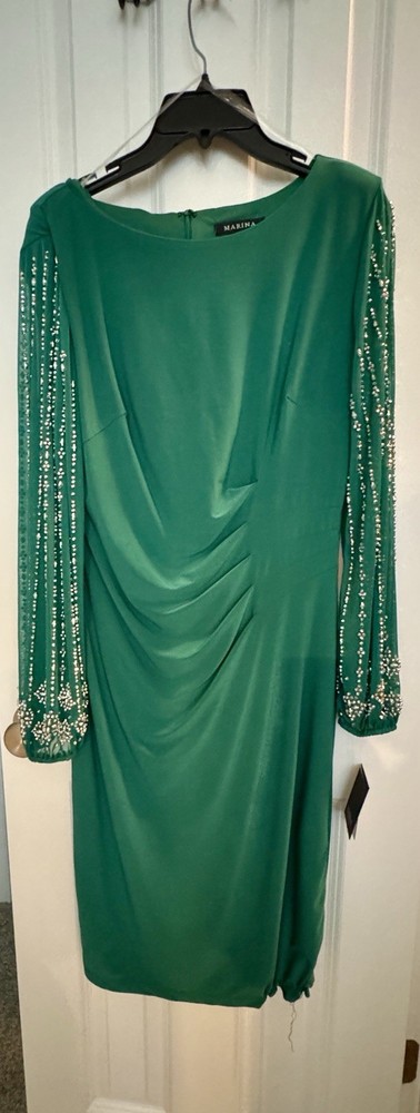 Marina Green Long Sleeve Beaded Sequin Knee Length Scoop Neck Dress 10