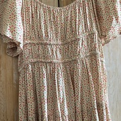 Mahina Beige Floral Cotton Mini Dress Flutter Sleeves Drawstring Size L