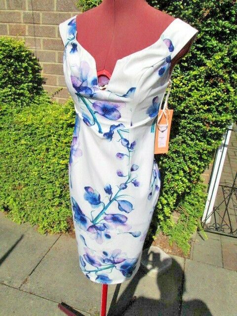 BNWT-GINGER FIZZ « BLUE MONDAY » WIGGLE DRESS-BONED V NECK-CHUNKY ZIP-M-UK 8/10.