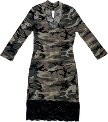 Venus Bodycon Camouflage Dress Womens XS/2 Stretch V-Neck Black Lace Trim Hem