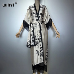 Boho Kimono Dress for Muslim Women Beachwear Tassel Detail Cardigan Style Holid