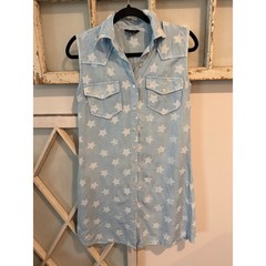 Sim & Sam size small sleeveless star print chambray denim shirt dress