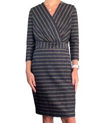 Eci Womens Small Black Multi Metallic Knit Stripe 3/4 Sleeve V-neck Sheath Dress