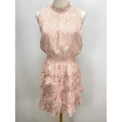Rachel Parcell Pink Leopard Print Smocked High Neck Tiered Ruffle Mini Dress L