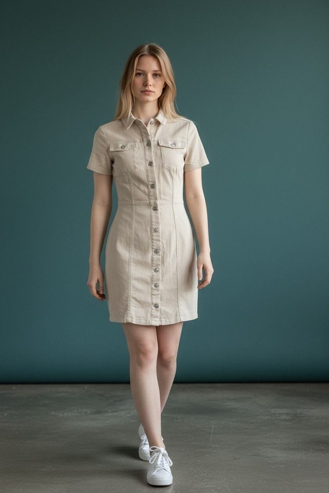 H&M Divided Beige Button-Down Denim Mini Dress
