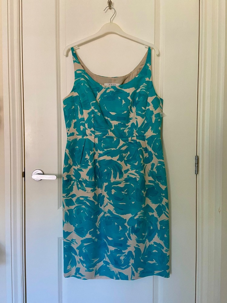 LK Bennett turquoise cotton silk lined sleeveless dress size 14 wedding cocktail