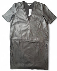 Helmut Lang Black Leather Solid V-Neck Short Sleeve Shift Knee Dress Lined M
