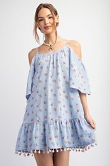 New Easel Cold Shoulder Dress Pom Pom Ruffle Gauze Blue Floral Size Large NWT