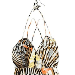 Haven Tropical Boho Chic 100% Silk Abstract Zebra Stripe Halter Mini Dress Small