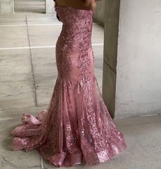 Women’s Pink Sequin Mermaid Gown V-Neck Spaghetti Strap Corset Long Dress S
