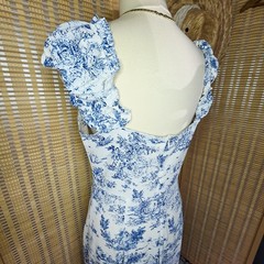 Blue And White Toile Flowy Maxi Dress with Ruffled Sweetheart Neckline, Size XL