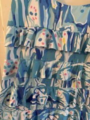 Tango Mango Blue/White/Pink Abstract Ruffle Shift Dress L Stretch Knit