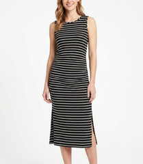 Athleta Comeback Black/White Striped Ruched Scoop Neck Sleeveless Midi Dress M