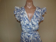 Taylor Floral Print Dress Blue White Flutter Sleeve Tiered Midi Large Cotton