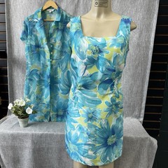 Dressbarn Women&rsquo;s Size 8 Teal Floral Sheath Dress & Sheer Long Jacket 2-in-1 Set