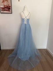 Blue Solid Glitter Tulle Long Formal A-Line Dress Corset Lace-Up Back M