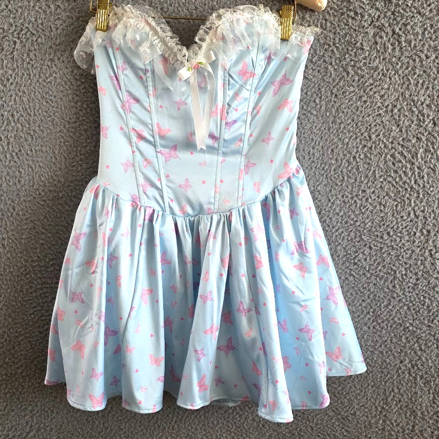 Dolls Kill Sugar Thrillz Corset Mini Dress Small Light Blue Ruffle Trim W/ Bow