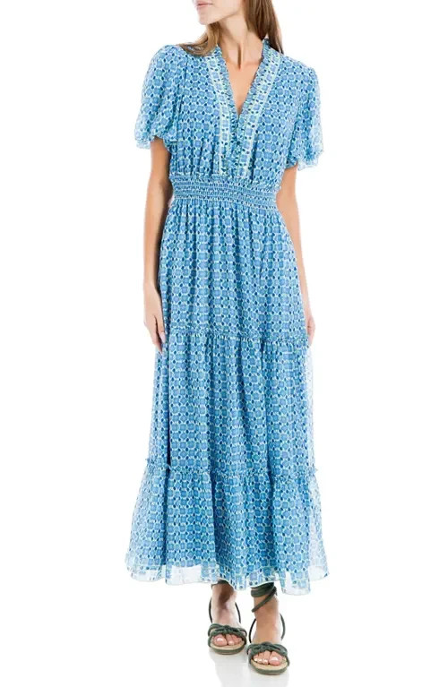 Max Studio $178 Georgette Cream/Blue Poppy Buds Smocked Waist Maxi Dress NWT