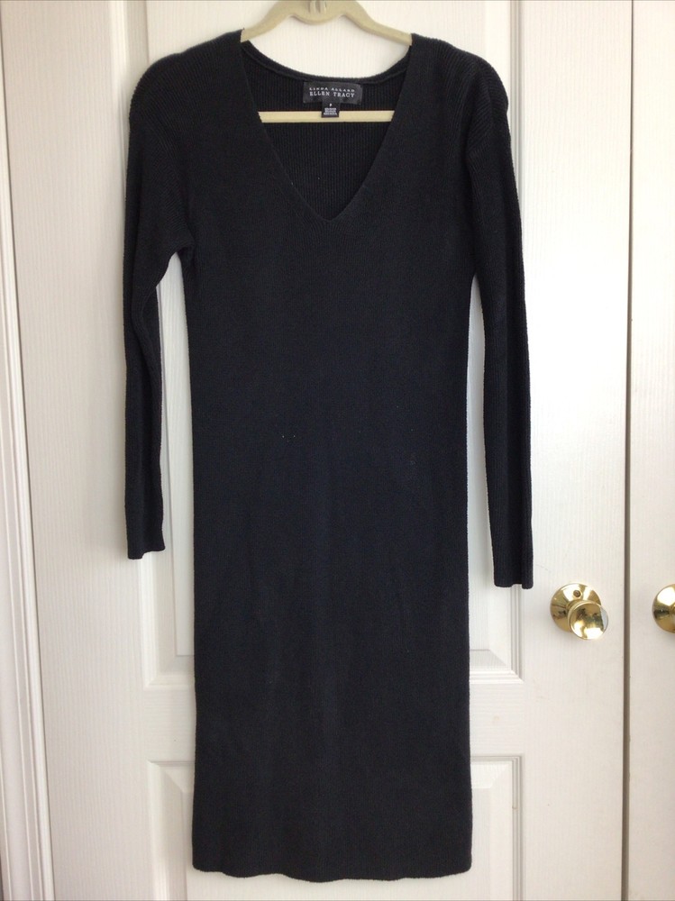 Linda Allard Ellen Tracy black V-neck sweater dress P/S