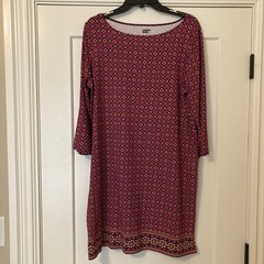 Lands&rsquo; End Purple Pink Geometric Floral 3/4 Sleeve Boatneck Dress Size L