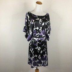 BCBGMAXAZRIA Black Purple White Print Batwing Sleeve Satin Belt Dress sz Medium