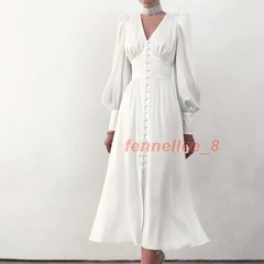 1940S Women&rsquo;s V Collar Stain Button Long Dress Lantern Sleeve Tea Dress Elegant