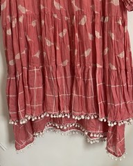 Coral Pink Flower And Bird Motiff Tiered Babydoll Dress Pom Pom Hemline sz Large